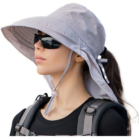 Chapeau de soleil pour hommes et femmes - Chapeau de jardin pliable - Large bord, protection complète des épaules et du cou - Sangle anti-vent - Convient pour l'extérieur et le jardinage - Gris clair (1/4)