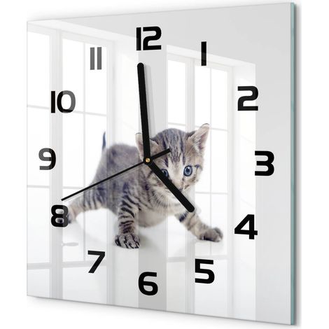 Horloge Murale Carrée Moderne Verre Trempé Quartz Silencieux Sans Tic-Tac Petit chat 30x30 cm (1/5)