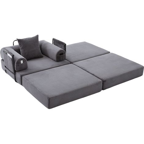 Divano modulare in velluto a coste grigio scuro con pouf e cuscino, struttura in metallo (1/5)