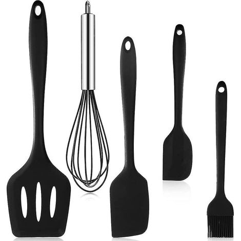 royaluxe - Ensemble d'ustensiles de cuisine noirs 5 pièces, ensemble d'ustensiles de cuisine, spatule, fouet, grattoir à pâte en silicone, brosse à huile, antiadhésif et résistant à la chaleur (1/3)