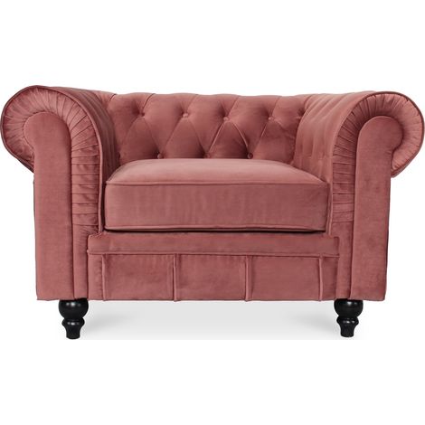 Fauteuil Chesterfield velours Altesse Vieux Rose (1/3)