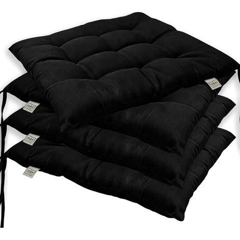 Set of 4 Chair Cushions with Ties, 40 x 40 cm, Washable Outdoor Seat Cushions, Padded Cushions for Garden, Balcony, Patio and Dining Room (Black) (1/5)