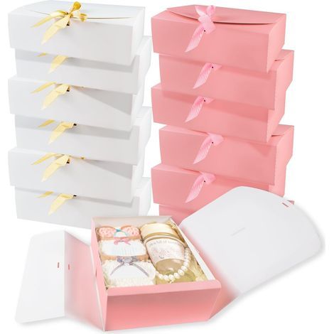 Lot de 12 Boîtes Cadeau avec Couvercles, 27 x 20 x 8 cm Grandes Coffrets Cadeaux Vide avec Ruban, Papier Kraft Boîtes Cadeaux pour Mariages, Anniversaires, Saint-Valentin, Rose et Blanc (1/5)
