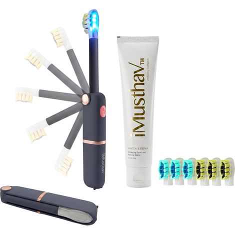 Brosse électrique pliable voyage blanchissant - 6 têtes 3 douces, 3 moyennes. Sonique puissant pour un sourire éclatant. Compact, idéal voyage. Pour adultes. (Noir) (1/5)