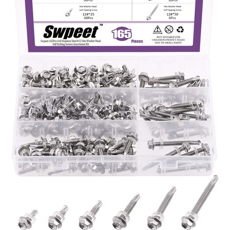 165Pcs 410 Stainless Steel 12 kit de combinaison de vis auto-perceuses, tête de rondelle hexagonale auto-perceuse tête de vis en tôle auto-taraudeuse (n ° 12, argent) (1/5)