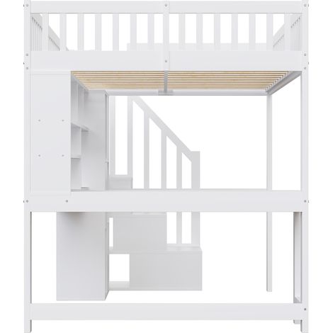 Letto a soppalco 140x200 cm bianco con scrivania, mensole, scala contenitore e LED (1/5)
