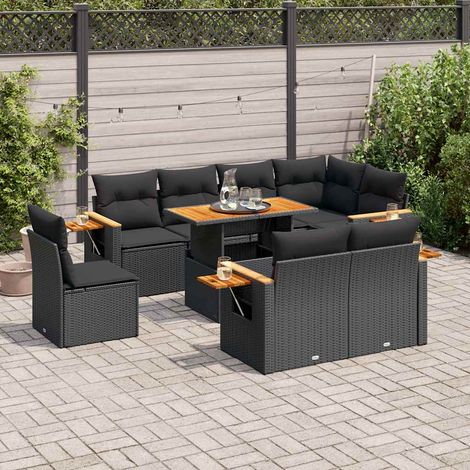 Set sofás jardín y cojines 9 pzas ratán sintético acacia negro vidaXL (1/5)