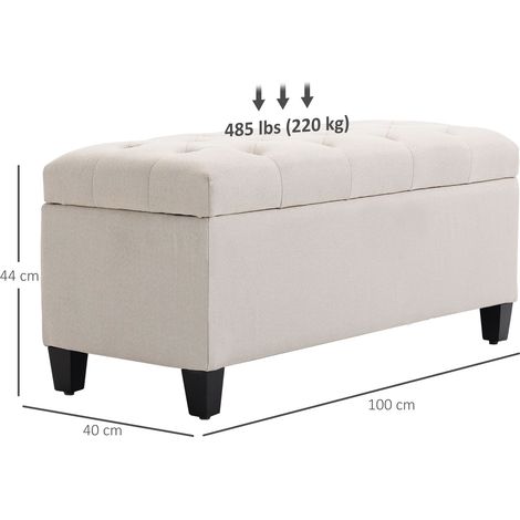 Banque de rangement rembourrée avec coffre, tissu lin en polyester, bois d'hévéa, blanc crème, 100 x 40 x 44 cm, assise confortable pour entrée ou chambre. (1/5)