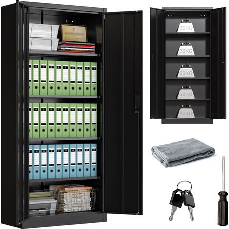 AOBABO Armoire de classement 4 Tablettes Réglables en Hauteur , Armoire de Rangement en acier Verrouillable, Revêtement en poudre, Dimensions 173x76x38 cm, Noir (1/5)