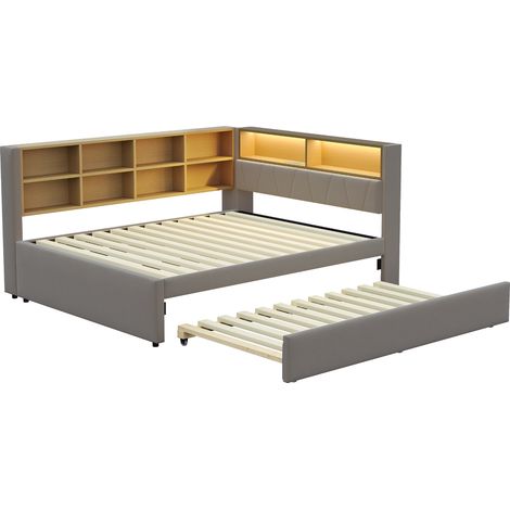 GagaGagaLit banquette LED 140x200, lit gigogne 90x190, rangements, flanelle gris foncé (1/5)
