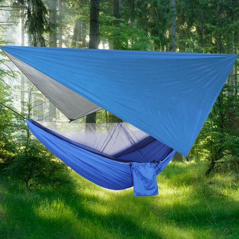 Ensemble hamac suspendu portable avec moustiquaire pour jardin, cour ou voyage, idéal pour le camping et les voyages (la couleur du sac de fixation au sol est aléatoire) (auvent bleu, hamac bleu) (1/5)