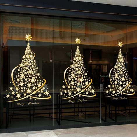 Confezione da 2 adesivi statici per alberi di Natale, grandi adesivi dorati per alberi di Natale, per pareti, finestre, porte e vetrine. (1/4)