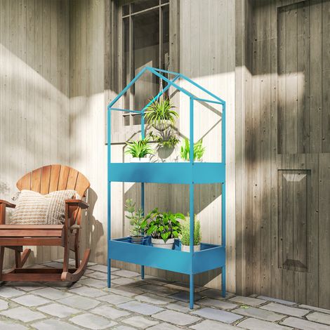 Étagère à Plantes 2 Niveaux. Support de Plantes en Métal avec Crochet. Porte-Pots en Forme de Maison. Bleu-Vert