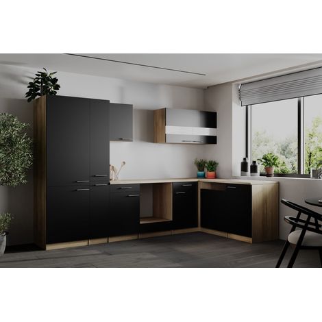 L Küche Einbau Winkelküche Leerblock Eiche Sägerau Schwarz Merle 310 cm Respekta