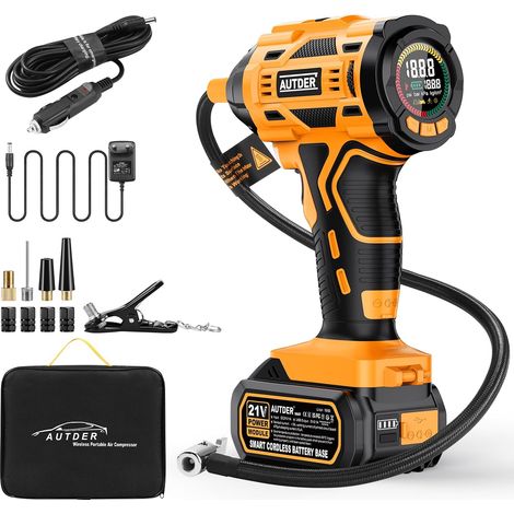 Compresseur à Air Portatif, Gonfleur Pneus Voiture, Max 180 PSI/12.4 Bar, Compresseur Voiture sans Fil avec Batterie 21V et 12V DC, pour Voitures, Vélos, Motos, Ballons, Jaune-Noir (1/5)