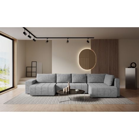 Wohnlandschaft Schlafsofa ARMANDA in Stoff Blur Silbergrau langer Schenkel Rechts