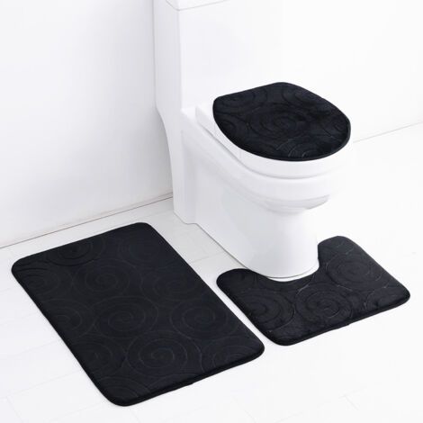 SABIR Ensemble de tapis de salle de bain en pierre gaufrée, housse d'abattant de toilette, tapis latéral de bain absorbant, noir (1/5)