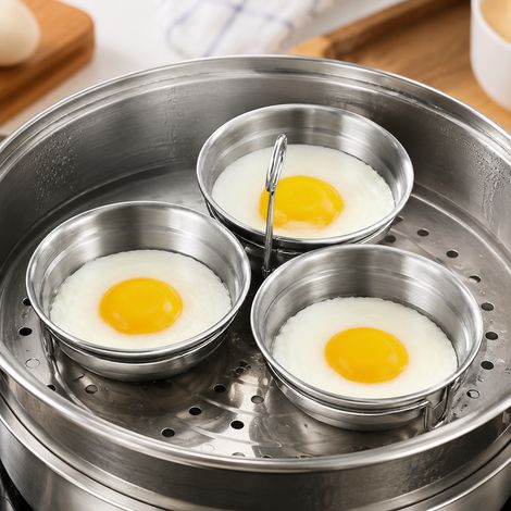 1 Emballage support de cuisson vapeur pour œufs 3-en-1 en acier inoxydable, moule rond plat pour œuf pochés, puddings et tartes, diamètre 3,54 pouces x hauteur 1,10 pouce. (1/4)