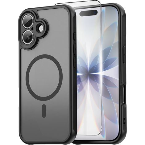 Juego de funda mate para iPhone 17, para MagSafe, reforzada, mate con marco negro + protector de pantalla de cristal
