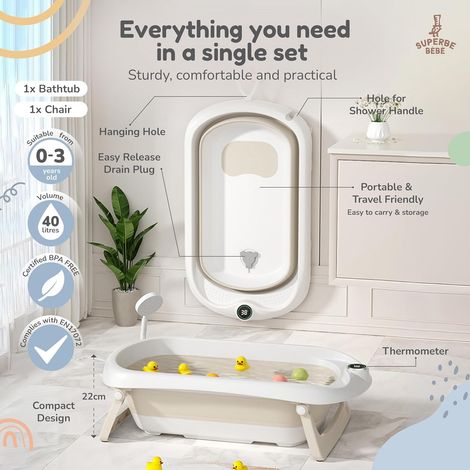 Baignoire Bébé Pliable XXL Avec Transat Et Thermomètre - Siège De Bain Ergonomique Sur Pieds Antidérapants Pour Nouveau-né (1/5)