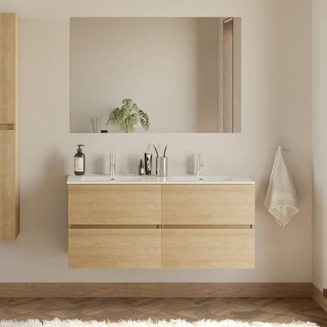 Meuble de salle de bain 140cm double vasque - 4 tiroirs - nebraska (chêne clair) - IDA (1/5)