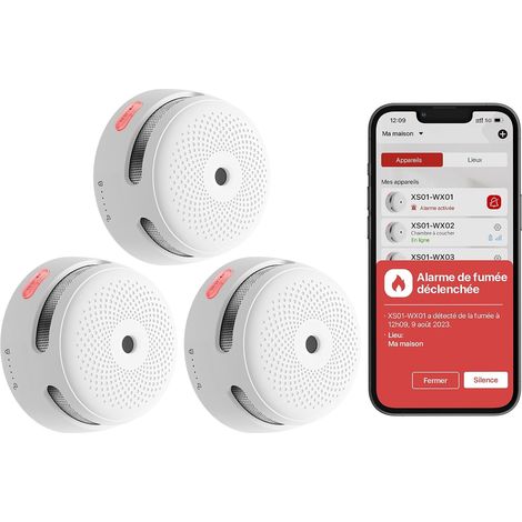 Détecteur de Fumée Connecté avec Pile Remplaçable, Détecteur de Fumée Wi-FI Conforme à la Norme EN14604, Notifications Via l’Application, XS01-WX, Lot de 3 (1/5)
