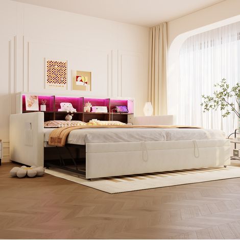 Cama dormitorio extensible con almacenaje LED beige HAVRYA (1/5)