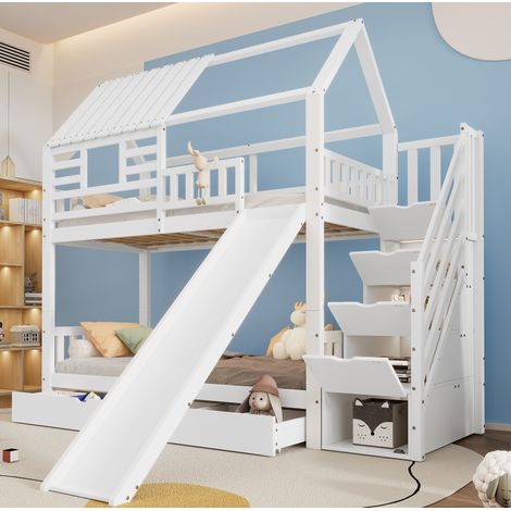 Lit superposé enfant en bois massif et MDF blanc 90x200 cm x2 avec escalier de rangement et toboggan (1/5)