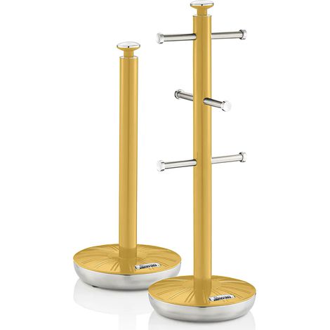 SWAN SWKA1054YELN Retro set Porta Rollos Papel Cocina + Porta Tazas para 6 Tazas, Acero Lacado, Diseño Vintage  Amarillo
