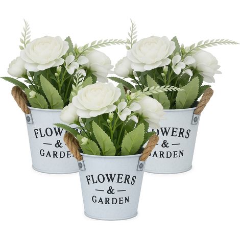 Set di fiori artificiali, 3 vasi bianchi con manici in corda