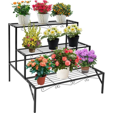 Support à plantes 3 étages en fer forgé – Noir antique, 70×58×60 cm, capacité 20 kg/étagère – Pour balcon, jardin, salon – Design escalier (1/5)
