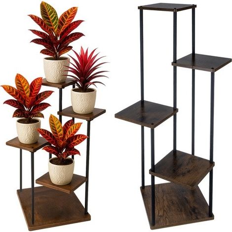 Étagère à plantes à 5 niveaux, structure noire avec plateau en bois, style loft, hauteur 107 cm, construction en fer stable (1/5)