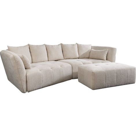 Sofá + puff IMPERIA blanco champán – Sofá modular en tela rizo