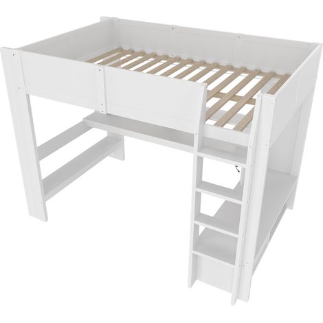 Lit mezzanine, 140200 cm, lit gaming avec bureau, avec lumières LED, bureau, tiroir, étagères, sans matelas, blanc