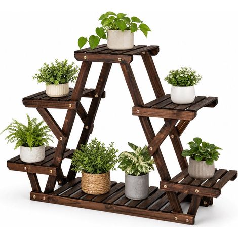 Étagère à plantes en épicéa carbonisé, 4 niveaux 6 tablettes, support fleurs pour balcon, salon ou jardin (1/5)