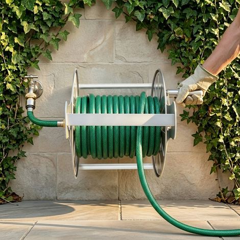 Stainless Steel Garden Hose Holder Kit, Wall Mounted Garden Hose Reel 40M/132ft Capacity Water Hose Storage Rack with 360° Rotatable Handle for Home Garden Lawn (1/5)
