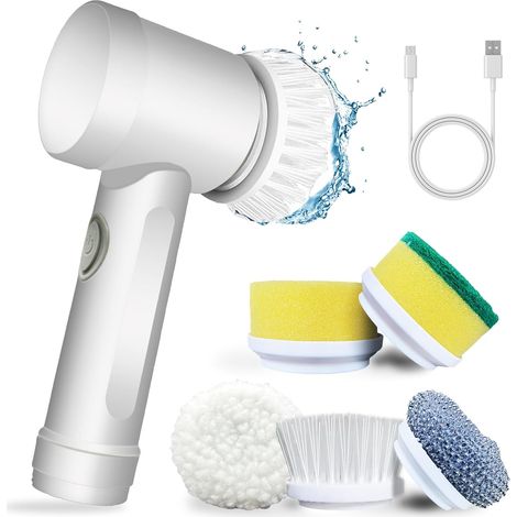 Brosse De Nettoyage Electrique - 5 Têtes Interchangeables - Sans Fil Rechargeable Par USB - Pour Salle De Bain Cuisine Carrelage Vitres Et Vaisselle - 1 Piece