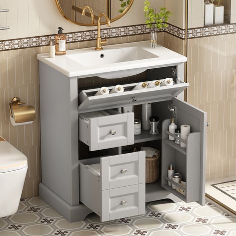 Armoire de salle de bain au sol avec lavabo, 76x46x87cm, laqué résistant à l'humidité, glissières de tiroir à fermeture en douceur, étagères de porte, tiroir rabattable, étagère réglable, gris (1/5)
