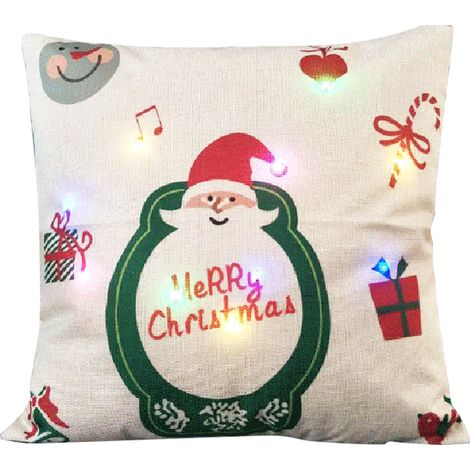 Housse de coussin décorative en lin avec lumières LED colorées « Joyeux Noël », 45 x 45 cm (18 x 18 pouces), motif Noël, avec fermeture éclair. Idéale pour canapé, voiture, fenêtre ou table de chevet. (1/5)