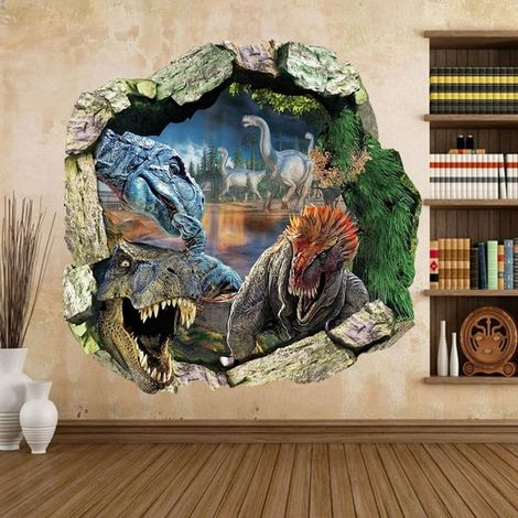 Grand autocollant mural dinosaure Jurassic Park 3D vinyle décalcomanie, décoration chambre enfant, art mural panoramique, stickers muraux préhistoriques pour chambre de bébé, adhésif résistant. (1/3)