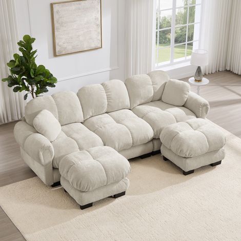 REDOM Sofá modular en U 260x149x90 cm, con otomana móvil y cojín pequeño, diseño acolchado, chenilla caqui claro (1/5)
