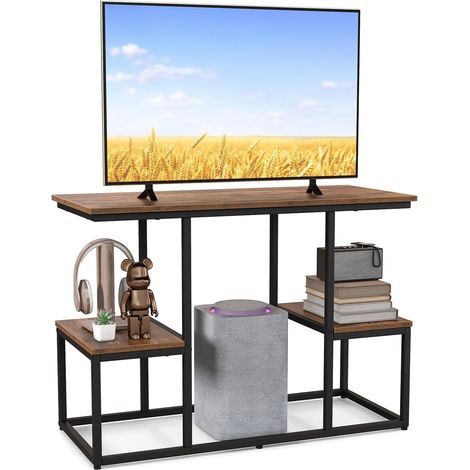 Costway – Meuble TV marron rustique 108 x 40 x 65 cm – 3 étagères de rangement – Style industriel – Pour téléviseurs jusqu'à 50 pouces (1/5)