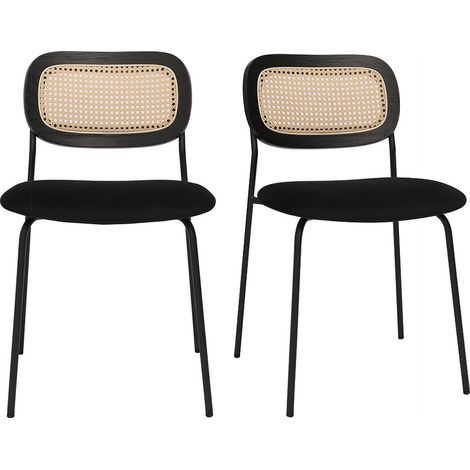 Sillas de diseño de terciopelo negro, metal negro y caña de ratán (juego de 2) MIRANDA