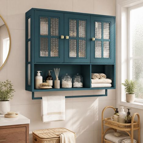 Armario de baño mural de 3 puertas en MDF y vidrio templado, verde oscuro, 88 x 26 x 82,5 cm (1/5)