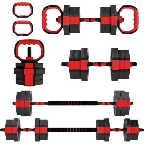 SPORTNOW Set Pesi Palestra 6 in 1 20kg con Manubri, Kettlebell, Bilanciere Rosso (1/5)