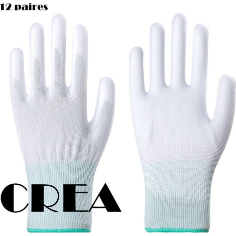 12 pièces de gants de travail minces enduits de PU, gants de travail enduits antistatiques, ceinture de travail en caoutchouc antidérapant respirant et résistant à l'usure (taille L), CREA (1/5)