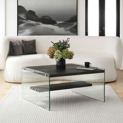Table basse verre et bois - plateaux gris suspendus, LHASA (1/5)