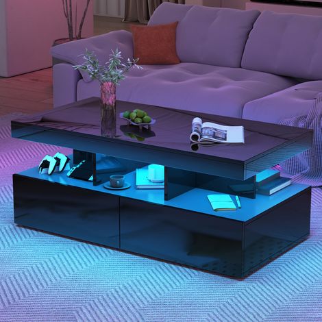 Couchtisch 104 cm, rechteckig, mit LED-Beleuchtung, 2 Schubladen, glänzende Tischplatte, modernes Wohnzimmermöbel aus Holz - Schwarz