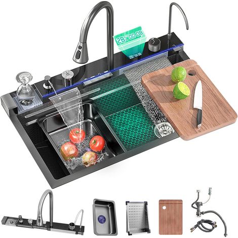 Évier de cuisine à comptoir en acier inoxydable 304 Gris Évier de cuisine profond à une cuve avec cascade Robinet à tirer et planche à découper& commande de table et autres fonctions (75x45x22cm)