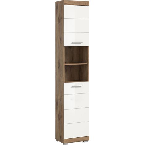 Wave Hochschrank Bad 2 Türen, 2 Regale Weiß hochglanz, Eiche Dekor.